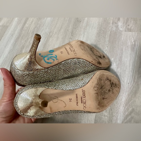 Jimmy Choo Open Toe Champagne Metallic Silver Heels Sz 34 - Picture 8 of 12